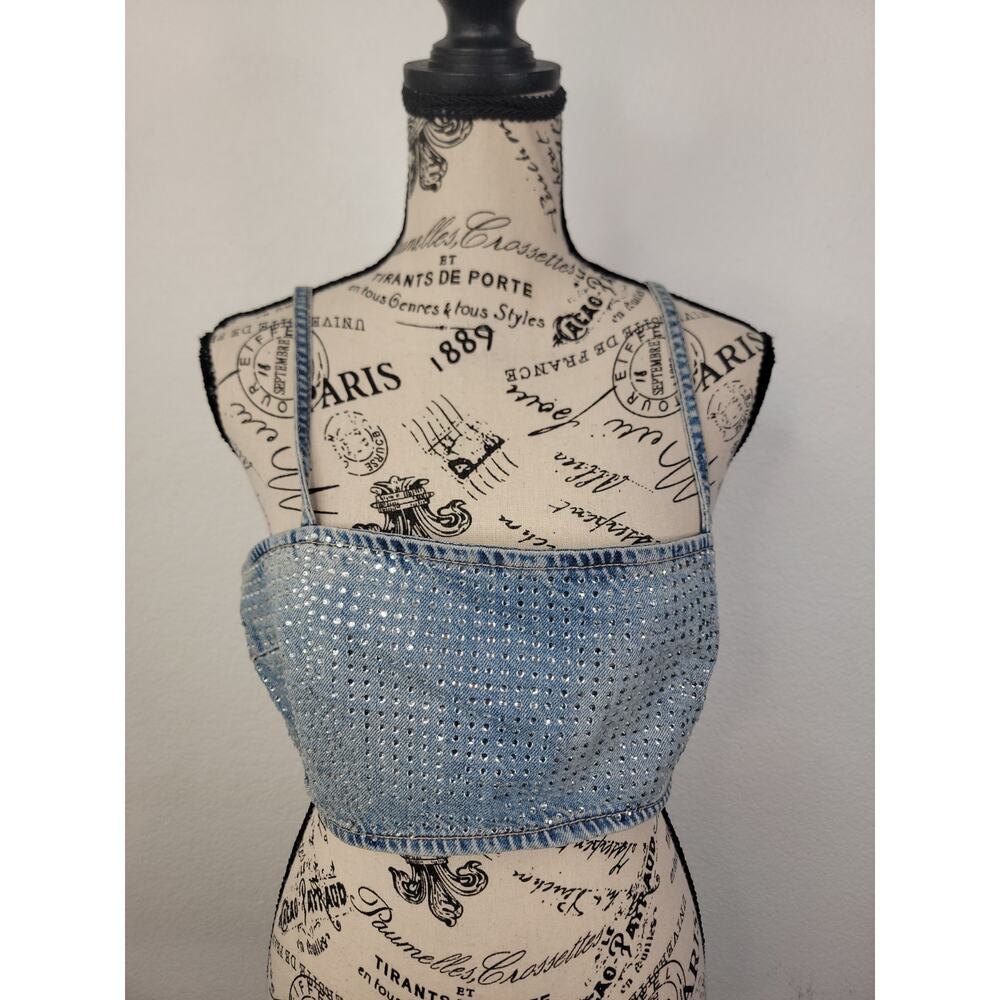 Zara Denim Rhinestone Crop Top SZ Medium Light Blue Denim Going Out Festival